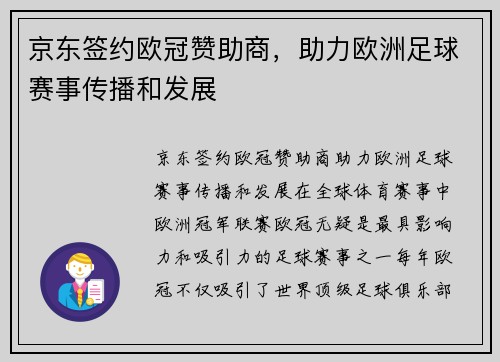 京东签约欧冠赞助商，助力欧洲足球赛事传播和发展
